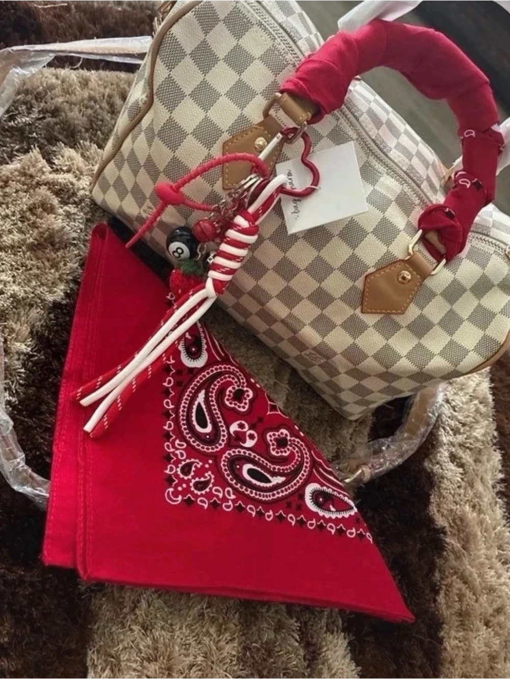 Cream Check Satchel with Red Handle Wrap and Red Bandana Charm